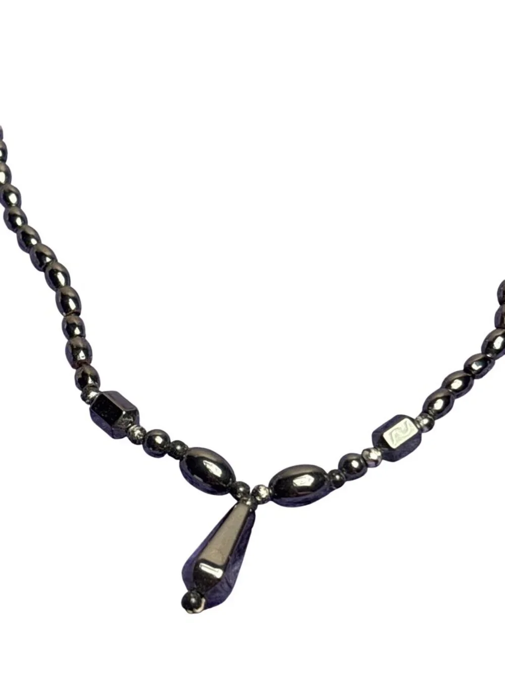 Vtg 90s Artisan Hematite Beaded Necklace Silvertone Lobster Clasp Drop Pendant